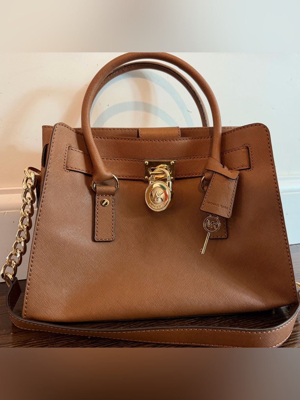 Michael Kors Hamilton East/West Brown Leather Satchel with Gold Hardware NEW